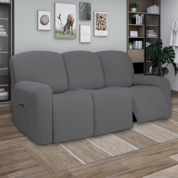 PureFit Super Stretch 3 Seats Recliner Sofa Couch Cover with Pocket – Non Slip Soft Sofa Slipcover, Washable Spandex Reclining Furniture Protector for Kids, Pets (Recliner Sofa, Gray)