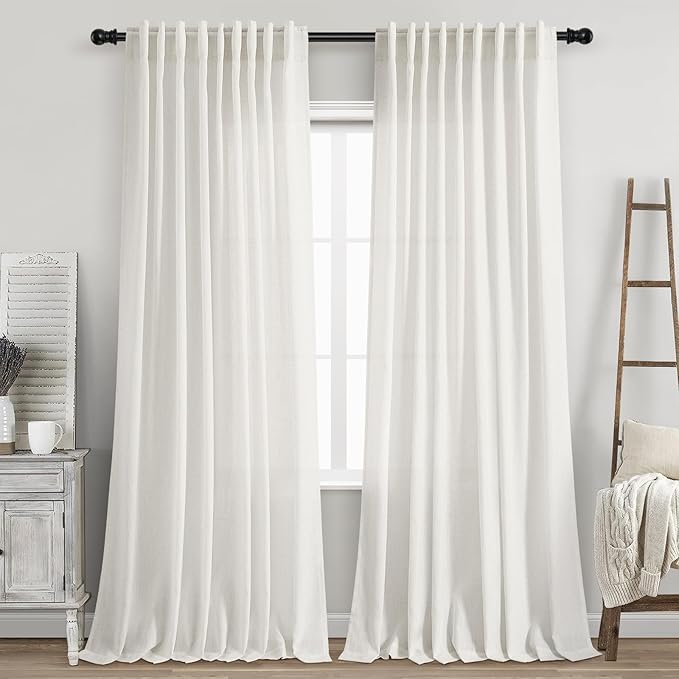 Nanspring Beige White Linen Curtains 84 Inches Long for Living Room Privacy Semi Sheer Curtains Back Tab and Rod Pocket Cotton Textured Coastal Decor Curtain for Bedroom Dinner Room 70x84, 2 Panels