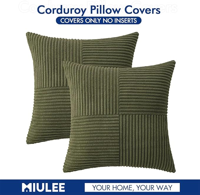 MIULEE Olive Green Decorative Euro Sham Pillow Covers 24x24 Inch for Bed Couch Sofa Spring Decor Pack of 2 Boho Farmhouse Throw Pillows Soft Cross Corduroy Patchwork Textured Cushion Cases