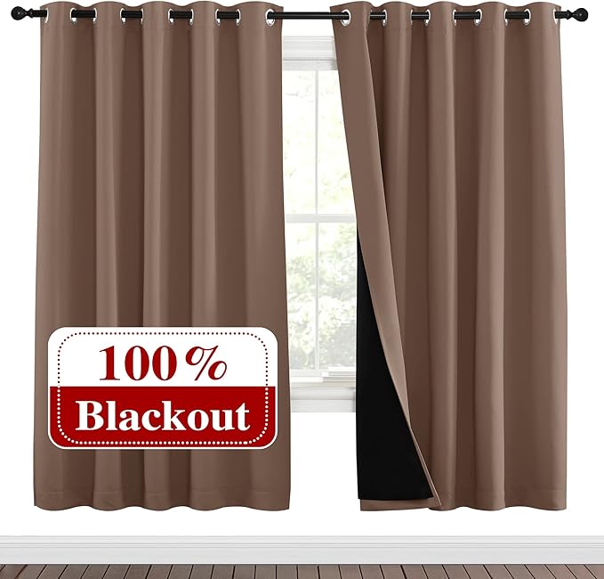 NICETOWN Living Room Completely Shaded Draperies, Privacy Protection & Noise Reducing Ring Top Drapes, Black Lined Insulated Window Treatment Curtain Panels(Cappuccino, 2 Pieces, W70 x L72)