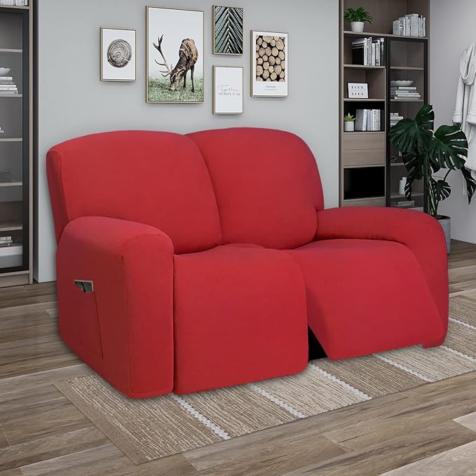 PureFit Super Stretch Loveseat Recliner Sofa Couch Cover with Pocket – 2 Seats Non Slip Soft Sofa Slipcover, Washable Reclining Furniture Protector for Kids, Pets (Recliner Loveseat, Red)