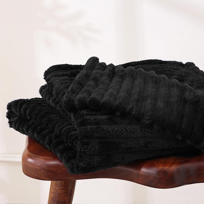 Black Fleece Throw Blanket 60”×80” for Couch Sofa Bed,Super Soft Cozy Plush Microfiber Flannel Blanket with Stripes Design Lightweight for Adults,Woman,Girls