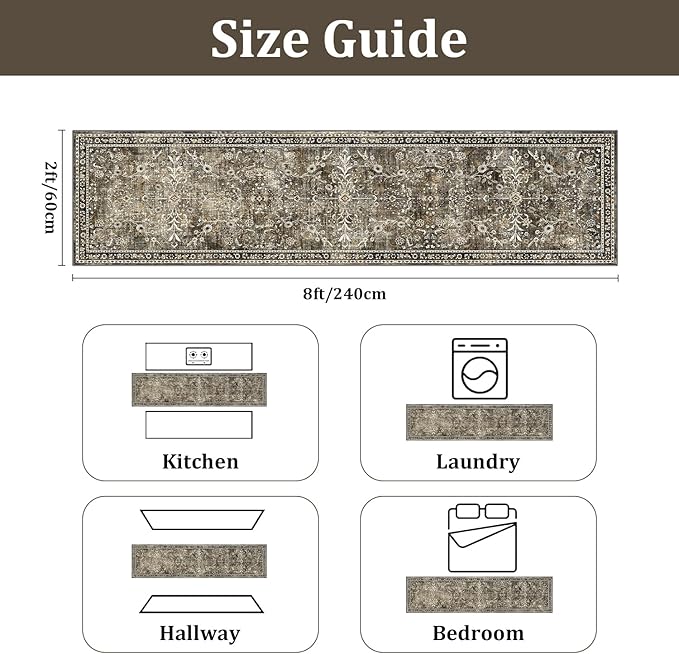 Yamaziot Washable Runner Rug 2x8 – Non Slip Boho Floral Hallway Runner Rug with Rubber Backing, Low Pile Wool Distressed Carpet for Kitchen, Laundry, Bedroom, Entrance, Tan