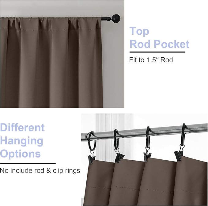 Simplebrand Ava Brown Blackout Curtains for Bedroom 63 Inch Length 2 Panels Set, Solid Thermal Insulated Energy Saving Rod Pocket Window Treatment Curtains Blackout Drapes, W40 x L63 Inch, Brown