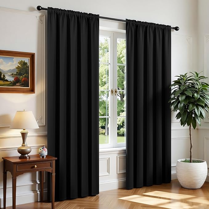 CUCRAF Black Blackout Curtains 90 inch Length 2 Panels Set, Rod Pocket Room Darkening Drapes for Bedroom Living Room, Insulated Thermal Light Blocking Window Curtain (W52 x L90 Inch)