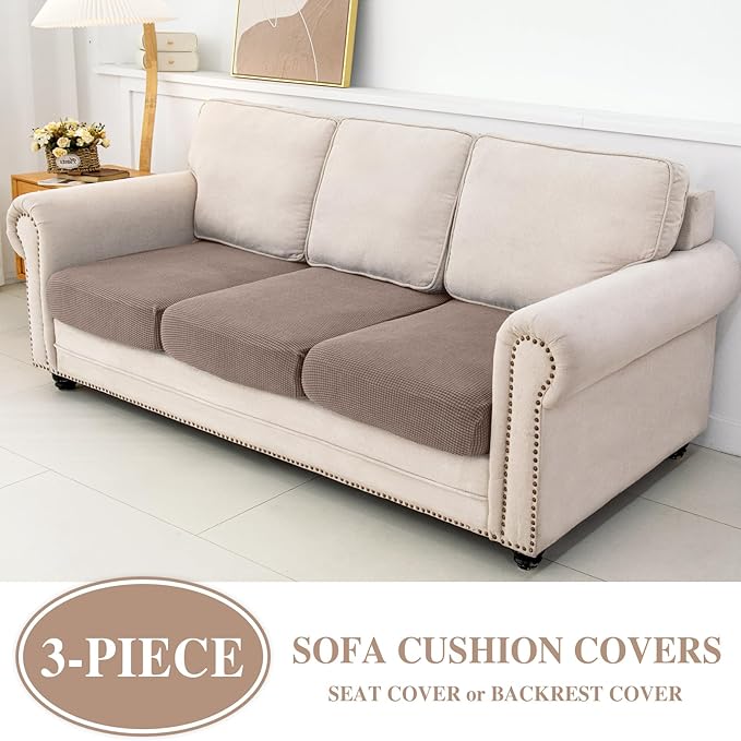 Couch Cushion Covers Seat Cushion Cover Stretch Couch Cover Separate Sectional Sofa Slipcovers Furniture Protector(3 Pieces for Seat or Sofa Backrest, Khaki)