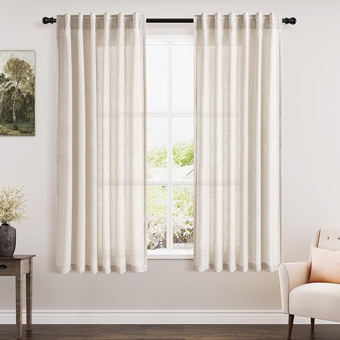 Beige Linen Curtains 63 Inches Long for Bedroom Back Tab Light Filtering Privacy Sheer Curtains Modern Farmhouse Coastal Decor Linen Cotton Textured Gauze Curtain for Bathroom 2 Panel Set 42x63