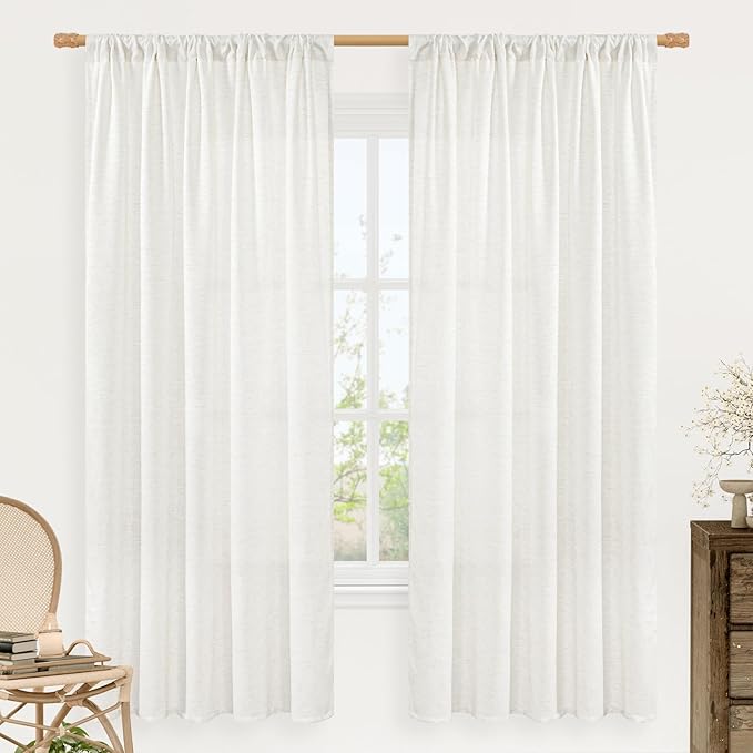 LAMIT Ivory White Linen Curtains 72 inches Long for Living Room, Soft Thick Light Filtering Rod Pocket Privacy Window Treatments Drapes for Bedroom/Dinging Room, 2 Panels Set, 52 x 72 Inch