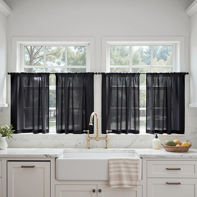 MIULEE Short Curtains 30 Inches Long, 4 Panels Set, Light Filtering Half Window Tier Black Sheer Curtains for Kitchen/Bathroom, 42W x 30 Inches