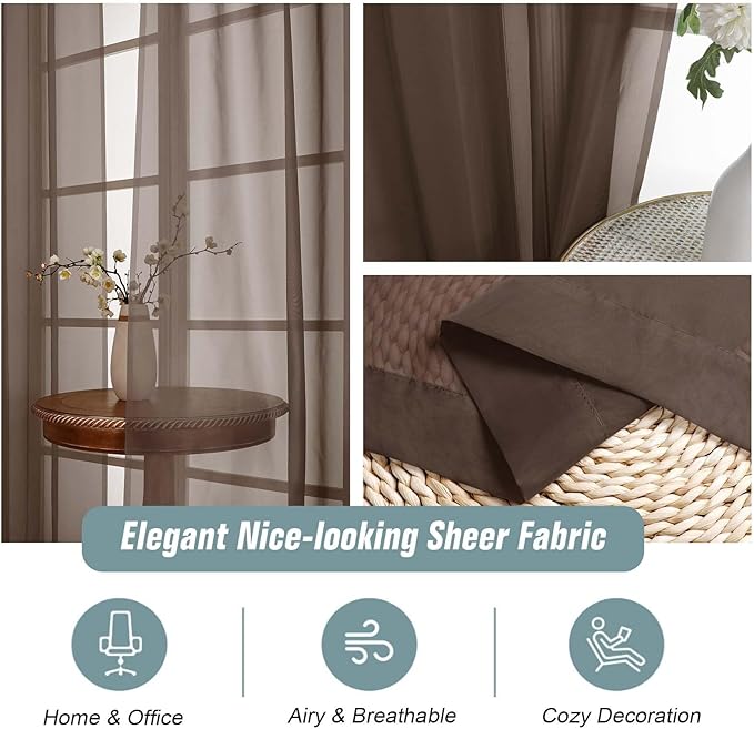 Chocolate Sheer Curtains for Window 72 inches Long 2 Panels Set, Soft Airy Modern Light Filtering Sheer Curtains for Living Room Bedroom, Dual Rod Pocket Solid Window Drapes, 2x42Wx72L inches