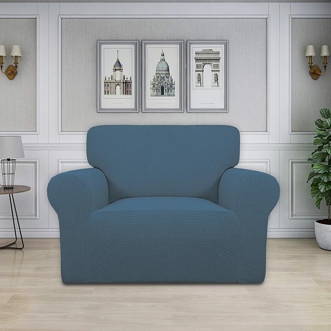 Easy-Going Stretch Oversized Chair Sofa Slipcover 1-Piece Couch Sofa Cover Furniture Protector Soft with Elastic Bottom for Kids Spandex Jacquard Fabric Small Checks Bluestone