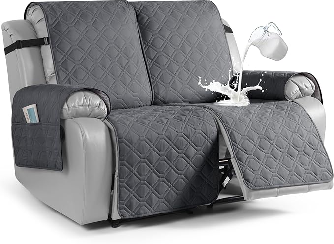 VANSOFY Waterproof Recliner Couch Covers, Sofa Covers 1-Piece Washable Reclining Sofa Cover Non-Slip Furniture Protector with Elastic Straps Pocket for Dogs, Pets(Dark Gray,2 Seater)