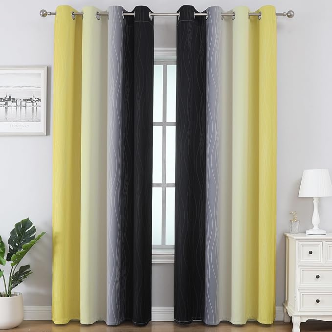 Estelar Textiler Yellow and Black Ombre Blackout Curtains 102 Inch Long, Thermal Insulated Grommet Drapes for Bedroom, Full Room Darkening Gradient Curtains for Living Room, 52Wx102L, 2 Panels