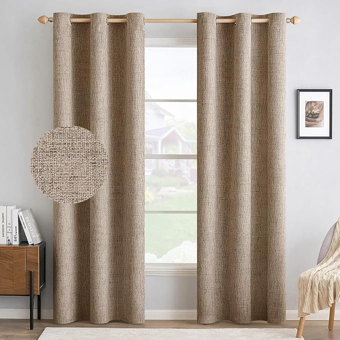 MIULEE 100% Blackout Linen Textured Curtains for Bedroom Solid Thermal Insulated Copper Brown Grommet Room Darkening Curtains & Drapes Luxury Decor for Living Room Nursery 42 x 90 Inch (2 Panels)