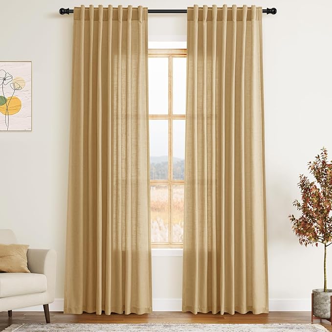 Gold Yellow Linen Curtains 84 Inch Length 2 Panels Set for Living Room Rod Pocket Back Tab Light Filtering Window Drapes for Bedroom Dining Room Protect Privacy Country Farmhouse Decor 52x84