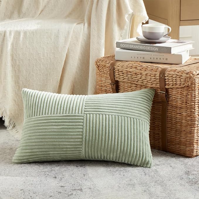 Fancy Homi 2 Packs Sage Green Lumbar Decorative Throw Pillow Covers 16x26 Inch for Living Room Couch Bed, Rustic Farmhouse Boho Home Decor, Soft Striped Corduroy Rectangle Accent Cushion Case 65x40 cm