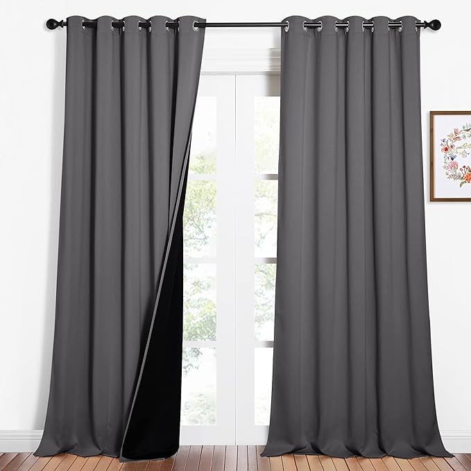 NICETOWN Total Shade Curtains and Draperies, Heavy-Duty Full Light Shading Drapes with Black Liner Backing for Villa/Hall/Dorm Window（Gray, Package of 2 Panels, 62 inches Wide x 95 inches Long