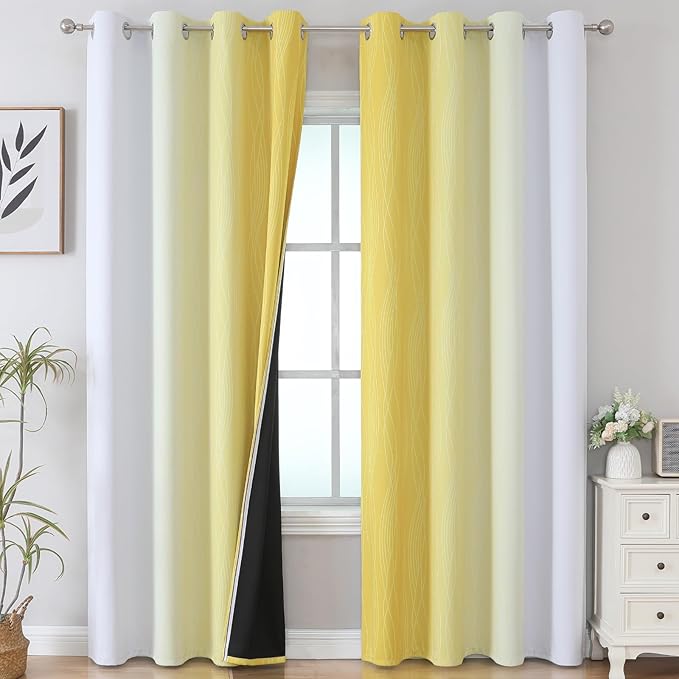 Estelar Textiler Yellow and Grayish White Blackout Curtains 108 Inches Long, Thermal Insulated Drapes for Bedroom, Full Light Blocking Energy Saving Long Curtains for Living Room, 52Wx108L, 2 Panels