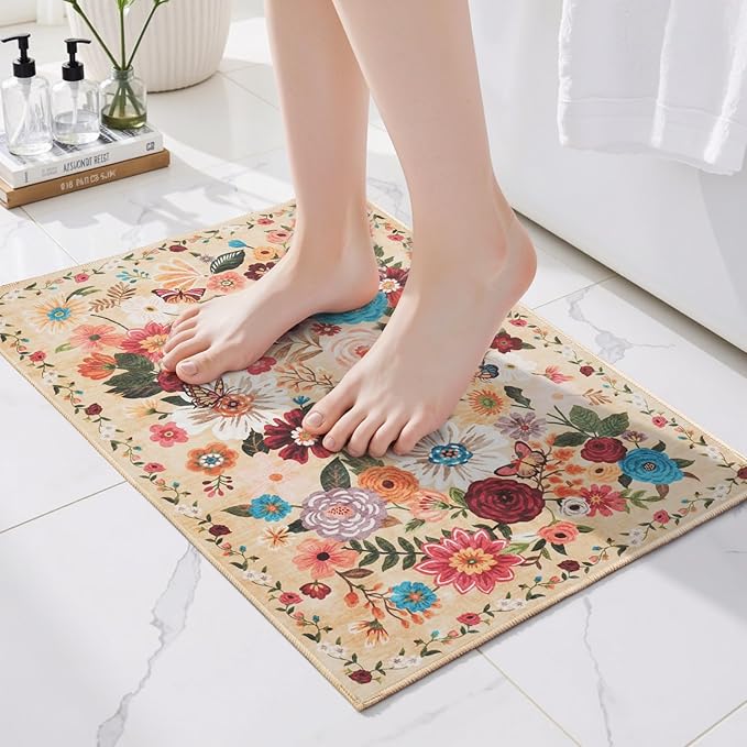 Area rugs 24x17 Inch Home Decor Entry Rug, Small Door Mat Bath Mats for Bathroom, Ultra-Thin Non Slip Floral Low Pile Tub Mat for Sink Shower Doorway Tub Kitchen Sink(2 x 1.4 ft, Yellow Garden)