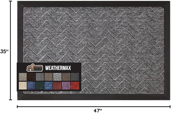 GORILLA GRIP 100% Waterproof All-Season WeatherMAX Doormat, 47x35, Durable Natural Rubber, Stain and Fade Resistant, Low Profile, Indoor Outdoor Door Mats, Easy Clean Patio Entrance Mat, Steel Chevron