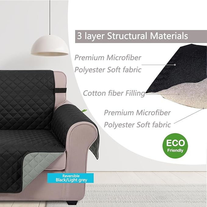 U-NICE HOME Recliner Chair Covers Reversible Chair Cover for Dogs with Elastic Straps Water Resistant Diamond Quilted (23''Armchair, Black/Grey)
