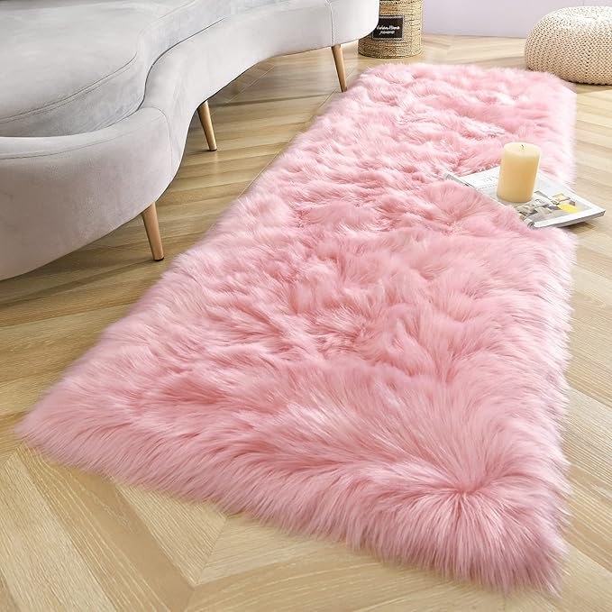 LOCHAS Soft Fluffy Faux Fur Rugs for Bedroom Bedside Rug 2x5 Feet, Washable, Furry Sheepskin Area Rug for Living Room Girls Room, Luxury Shag Carpet Home Decor, Pink