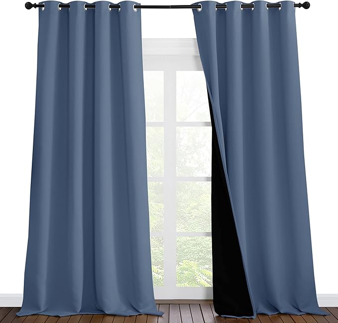 NICETOWN Cold Reducing Curtains, 100% Sun Blocking Curtains, Sound Proof Drapes with Black Backing, Full Light Blocking Panels for Patio Sliding Door (Stone Blue, 1 Pair, 55 inches x 102 inches)