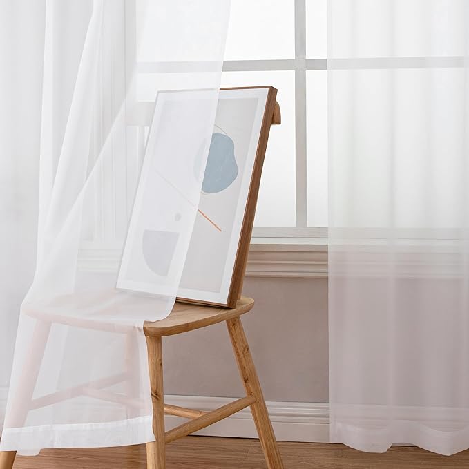 Simplebrand White Sheer Curtains 90 Inches Long, Light Filtering Rod Pocket Solid Color Window Sheer Curtain Panels, Elegant Curtains & Drapes for Living Room, Bedroom 2 Panels (White, 42" W x 90" L)