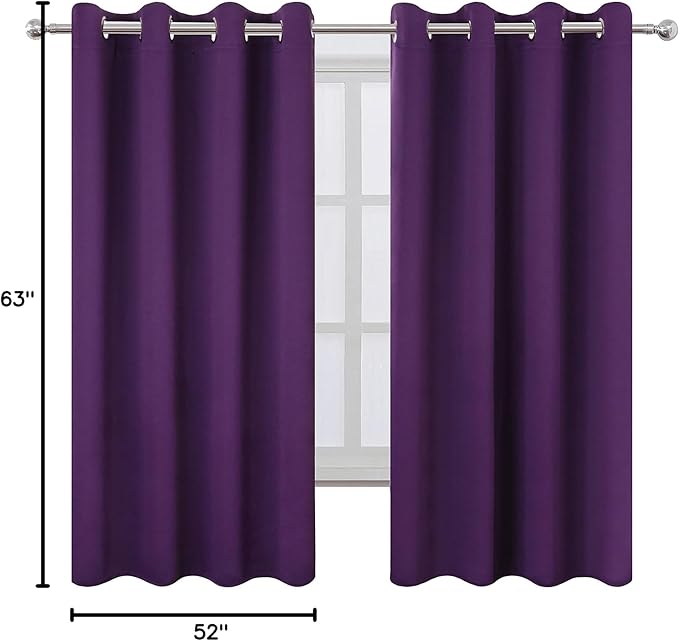 LEMOMO Blackout Curtains 52 x 63 inch/Purple Curtains Set of 2 Panels/Thermal Insulated Room Darkening Bedroom Curtains