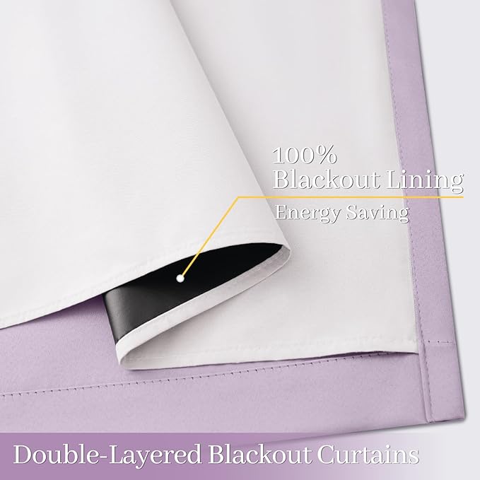 Yakamok 100% Blackout Curtain Panels 84 inches Cold and Light Blocking Drapes for Nursery, 2 Thick Layers Thermal Insulated Draperies (2 Pieces, 50 Wide Each Panel, Lilac Front with White Backing)