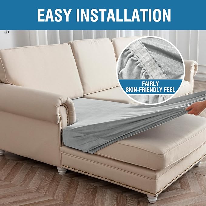 Couch Cover 8-Piece Elastic Velvet Couch Cushion Covers & Chaise Slipcovers for L-Shaped Sofas - Sofa Seat Covers Washable, Soft Protector for Couches (7 Seater + Chaise, Light Grey)
