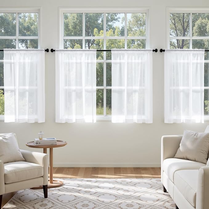 MIULEE White Curtains 24 Inch Length for Small Window,4 Panels Set, Short Sheer Curtains Rod Pocket Light Filtering Tier for Kitchen/Bathroom/Basement, 42W x 24 Inches