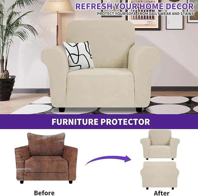 ZNSAYOTX Super Stretch Chair Slipcover (30"-47"), New Striped Sofa Chair Covers for Living Room, Dogs Pet Friendly Anti-Slip Chair Protector Spandex Armchair Slipcovers (Khaki, Chair)