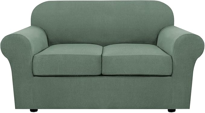 H.VERSAILTEX 3 Piece Stretch Sofa Covers for 2 Cushion Loveseat Couch Covers for Living Room Sofa Slipcovers (Base Cover Plus 2 Seat Cushion Covers) Thicker Jacquard Fabric(Medium, Loden Frost)