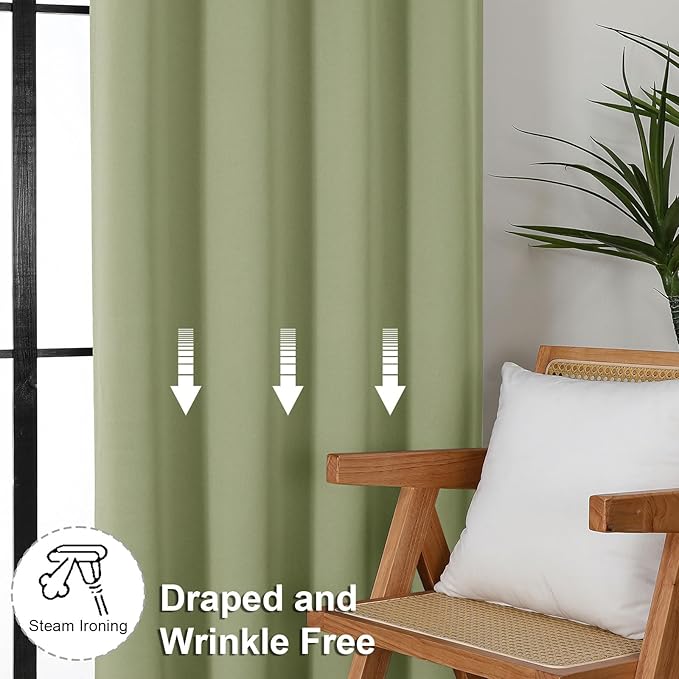 Simplebrand Ava Sage Green Blackout Curtains for Bedroom 63 Inch Length 2 Panels Set, Solid Thermal Insulated Privacy Living Room Window Treatment Curtains Blackout Drapes, W50 x L63 Inch