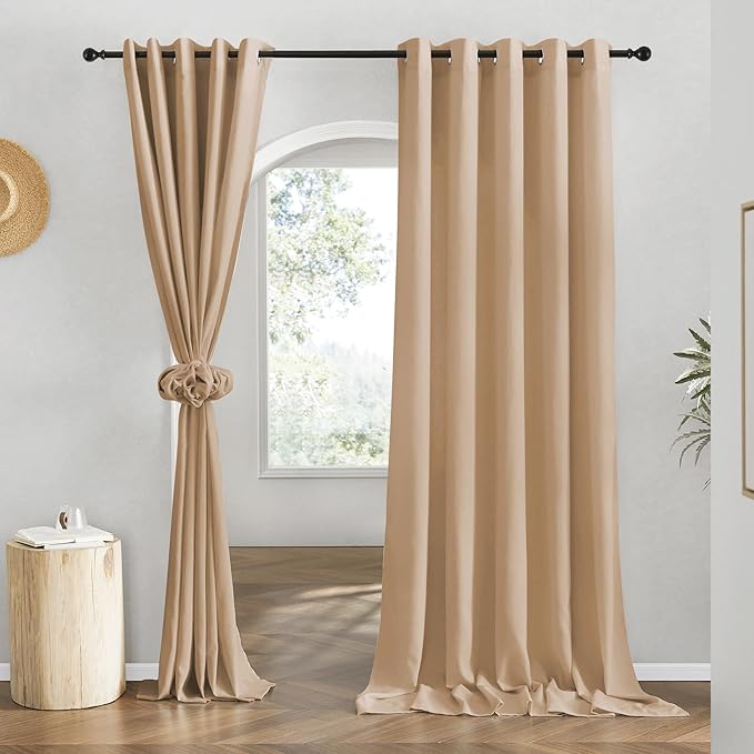 NICETOWN Flax Camel Linen Curtains for Room Divider, Grommet Top Thick Flax Semi Sheer Vertical Drapes Privacy Assured with Light Filtering for Sliding Glass Door, W68 x L84, 2 Pieces