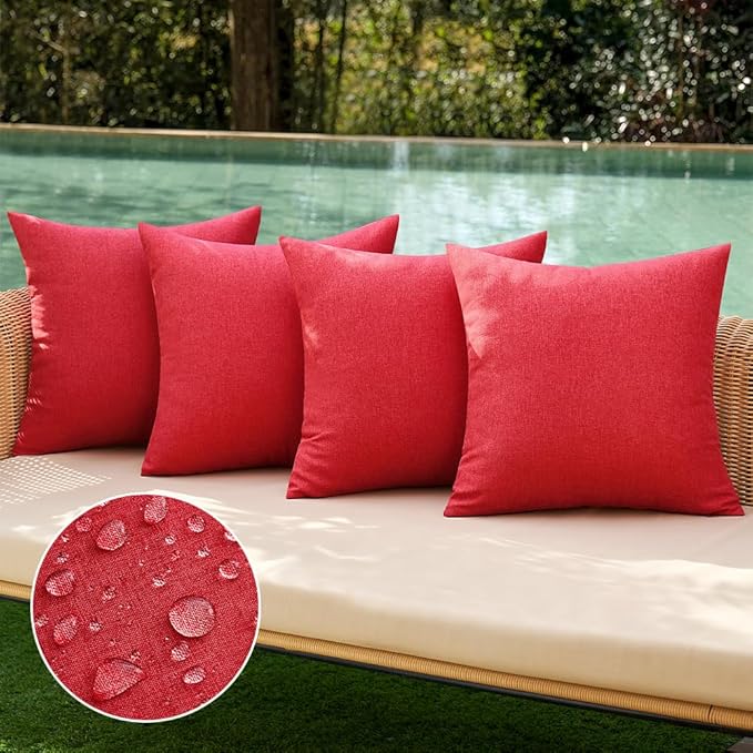 MIULEE Pack of 4 Decorative Throw Pillow Covers Linen Waterproof Pillow Covers Farmhouse Cushion Cases for Outdoor Patio Garden Tent Balcony Couch Sofa18x18 inch Red