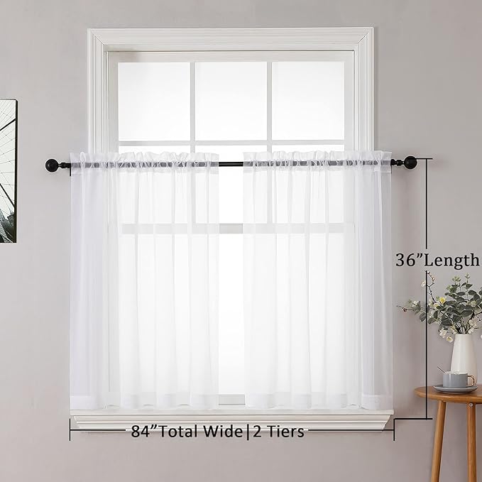 Chyhomenyc White Sheer Curtains 36 inch Length 2 Panels Set, Light Filtering Voile Rod Pocket Short Window Curtians for Bathroom Living Room Farmhouse Small Windows, Each 42Wx36L in, 2PCS, White