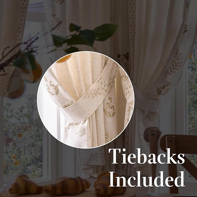 jinchan Belrose Linen Floral Cafe Curtains 54 Inch Length Embroidered Farmhouse Curtains for Kitchen Bedroom Bathroom Small Windows Curtain Set Light Filtering 2 Panels Beige