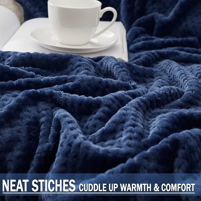 Exclusivo Mezcla Fleece Throw Blanket Extra Large, Super Soft and Warm Blankets for Couch, Sofa and Bed Waffle Textured, Cozy, Fuzzy and Lightweight (Navy Blue, 50x70 Inches)