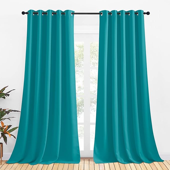 NICETOWN Thermal Insulated Peacock Teal Curtains for Living Room, Window Treatment Solid Grommet Room Darkening Drape Panels for Bedroom (Set of 2, 70 by 95 inches Long)