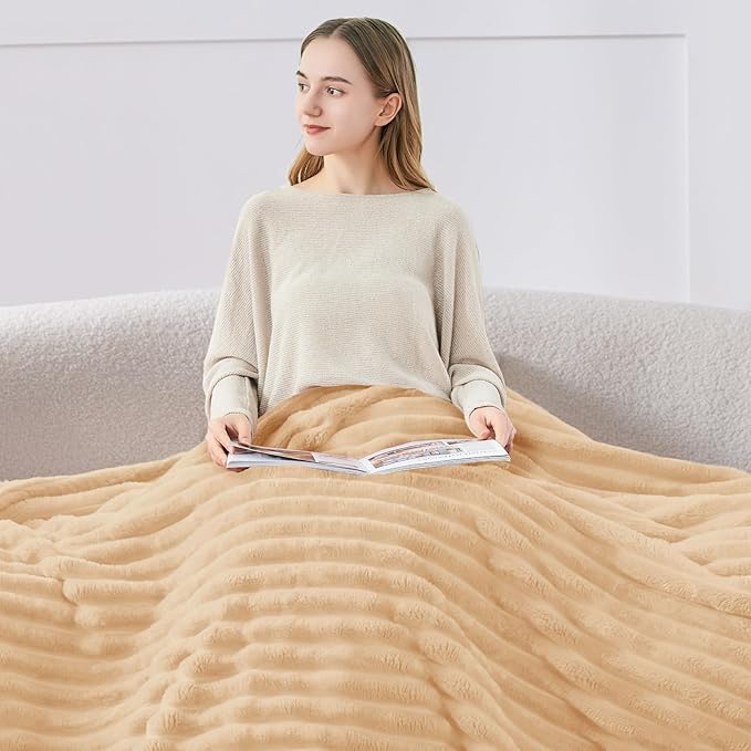 BEDELITE Twin Blanket for Couch & Bed, 300GSM Soft & Warm Fleece Blanket, Decorative and Giftable Striped Blush Sand Blankets for Women, Men, 60"x80"