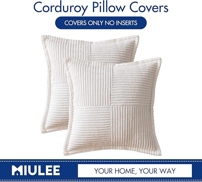 MIULEE Decorative Throw Pillow Covers for Couch Bed Livingroom 16x16 Inch Set of 2 White Boho Accent Throw Pllows Broadside Striped Patchwork Soft Corduroy Pillowcases