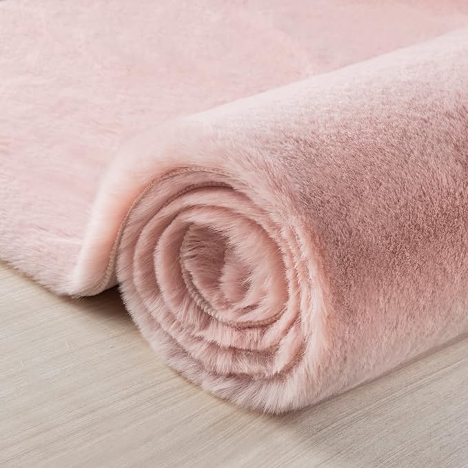 Ashler HOME DECO Ultra Soft Faux Rabbit Fur Chair Couch Cover Area Rug for Bedroom Floor Sofa Living Room Pink Rectangle 3 x 5 Feet