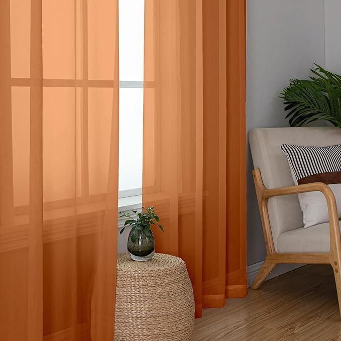 Aiyufeng Orange Sheer Curtains 84 Inches Long 2 Panels Set, Light Filtering Soft Airy Voile Rod Pocket Orange Sheer Window Drapes for Bedroom Living Room, Each 40Wx84L Inches