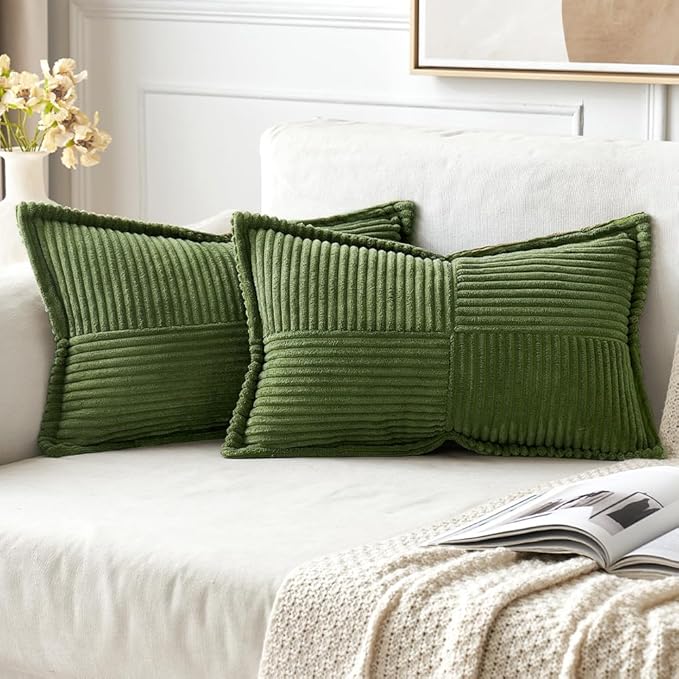 MIULEE Spring Decorative Lumbar Throw Pillow Covers for Couch Bed Livingroom 12x20 Inch Set of 2 Moss Green Boho Accent Throw Pllows Broadside Striped Patchwork Soft Corduroy Summer Pillowcases