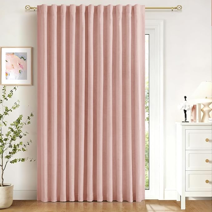 100% Blackout Shield Linen Blackout Curtains for Bedroom 96 Inches Long, Back Tab/Rod Pocket Living Room Drapes, Thermal Insulated Blackout Curtains 1 Panel Set, 100" W x 96" L, Blush Pink