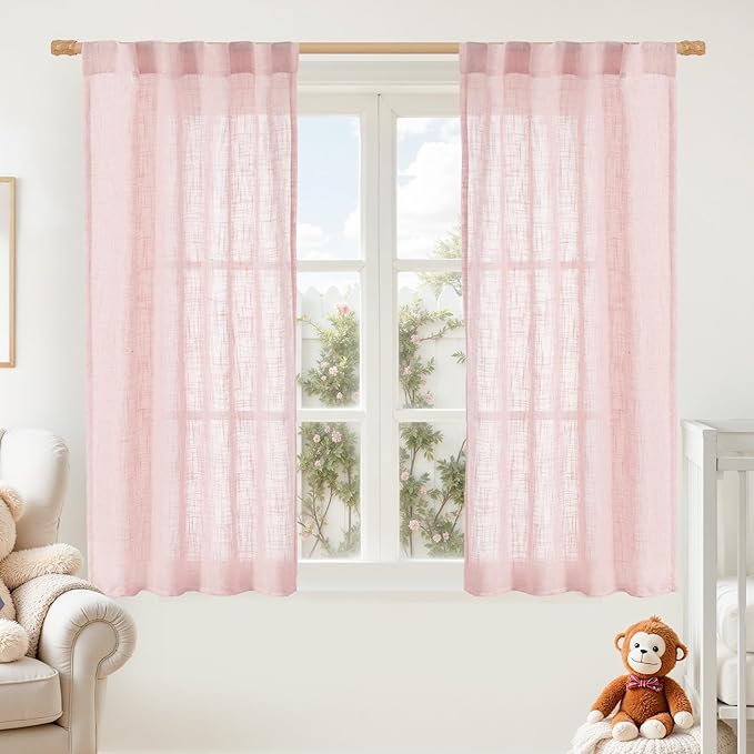 LAMIT 54 Inch Semi Sheer Window Linen Curtains, Light Filtering Panels Back Tab and Rod Pocket Country Decor Drapes for Bedroom/Girl'Room, Pink, 2 Panels, 34 x 54 Inch