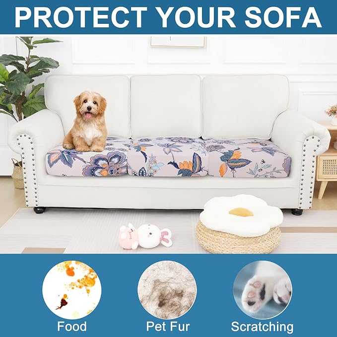 Smiry Printed Couch Cushion Covers, Stretch Soft Couch Covers for Sofa, Washable Non-Slip Sofa Slipcover Furniture Protector for Indoor and Outdoor (3 Pack, Beige)