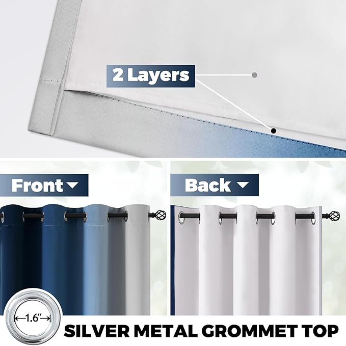 Yakamok 100% Blackout Curtains 63 Inch Length 2 Layers,Blue Curtains for Bedroom Ombre Room Darkening Grommet Gradient Drapes,Light Blocking Thermal Insulated Window Curtains for Living Room